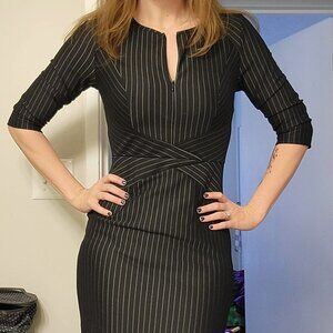 Business Woman Dress PinStriped NavyBlack Office Formal Bodycon Stretch XL 14 16